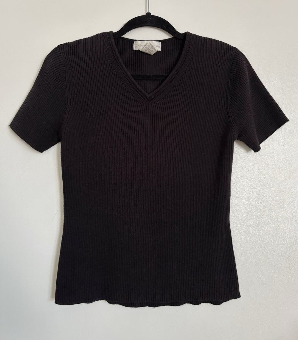 Black Vintage Casual Corner Ribbed Knit V-Neck Top S
